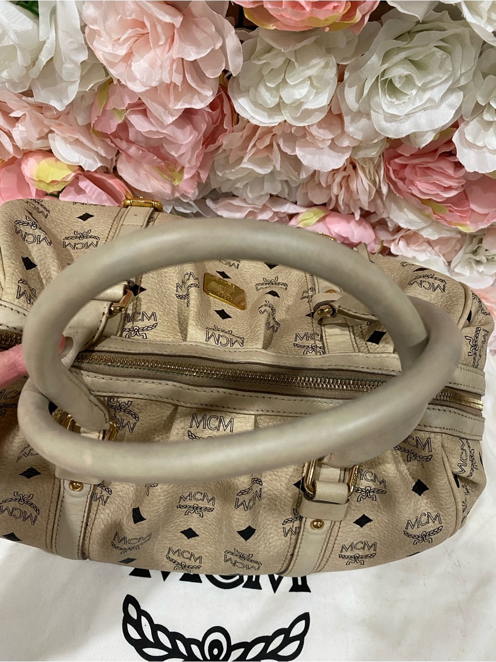 MCM Beige Visetos Logo Satchel with Gold Hardware - Picture 8 of 14